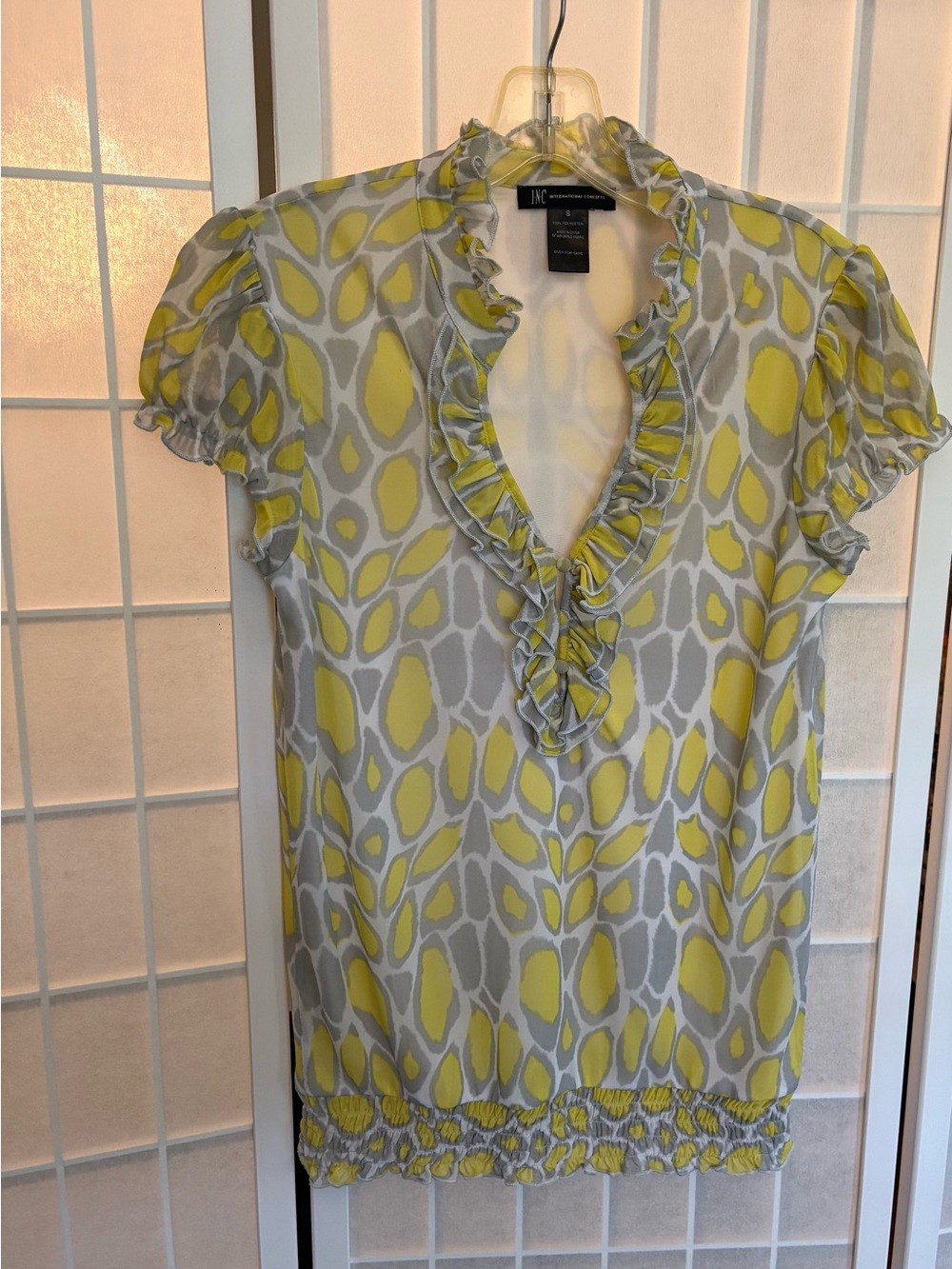 INC International Concepts Yellow & Gray Ruffle V-Neck Blouse